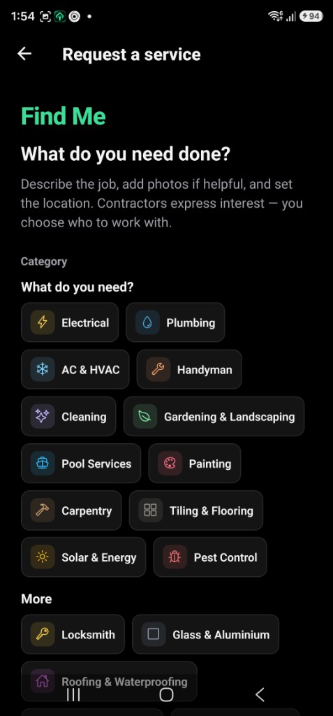 Request a service in FindMe: choose what you need done, from plumbing and electrical to cleaning, painting, and more.
